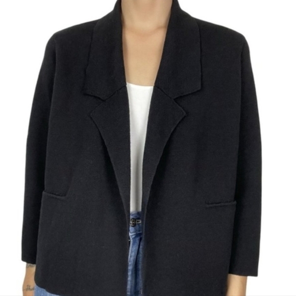 Eileen Fisher Woman 100% Black Wool Notched Collar Open Front Cardigan - Size 3X - Picture 1 of 10